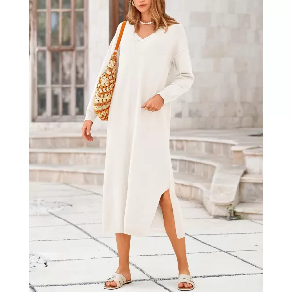 BTFBM Women Fall Sweater Dress V Neck Long Sleeve Slit Maxi Dresses Casual Knit Oversized Sweaters 2024 Winter ClothesSolid White