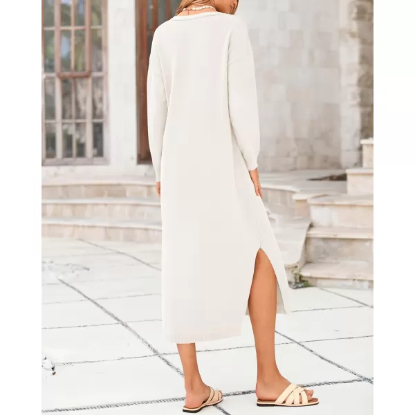 BTFBM Women Fall Sweater Dress V Neck Long Sleeve Slit Maxi Dresses Casual Knit Oversized Sweaters 2024 Winter ClothesSolid White