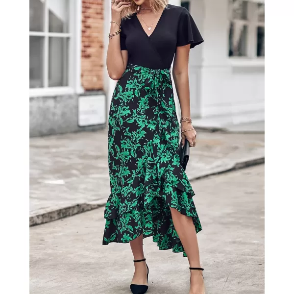 BTFBM Women Maxi Summer Dresses 2024 Short Sleeve V Neck Boho Floral Print Belted High Low Ruffle Cocktail Party DressBig Floral Black Green