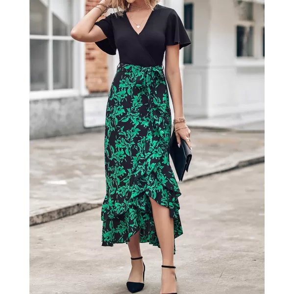 BTFBM Women Maxi Summer Dresses 2024 Short Sleeve V Neck Boho Floral Print Belted High Low Ruffle Cocktail Party DressBig Floral Black Green