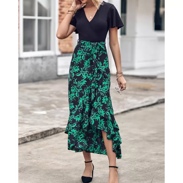 BTFBM Women Maxi Summer Dresses 2024 Short Sleeve V Neck Boho Floral Print Belted High Low Ruffle Cocktail Party DressBig Floral Black Green