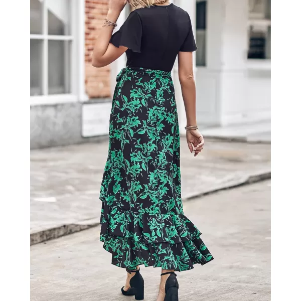 BTFBM Women Maxi Summer Dresses 2024 Short Sleeve V Neck Boho Floral Print Belted High Low Ruffle Cocktail Party DressBig Floral Black Green