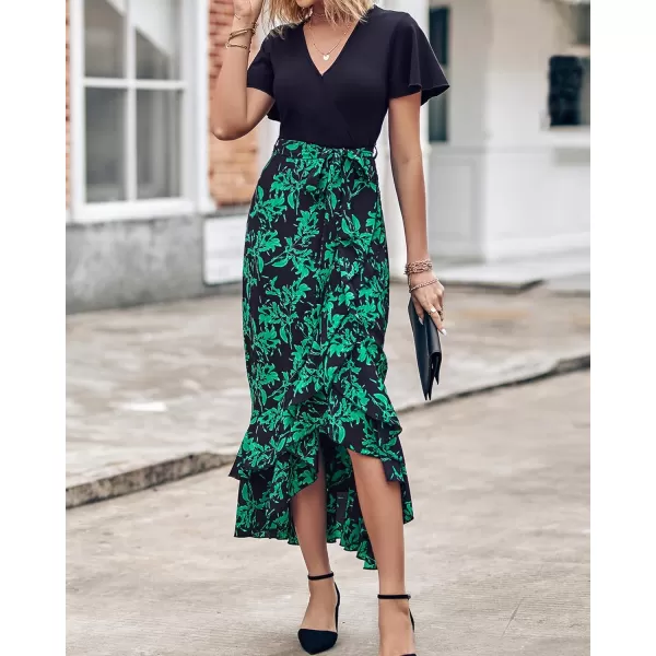 BTFBM Women Maxi Summer Dresses 2024 Short Sleeve V Neck Boho Floral Print Belted High Low Ruffle Cocktail Party DressBig Floral Black Green