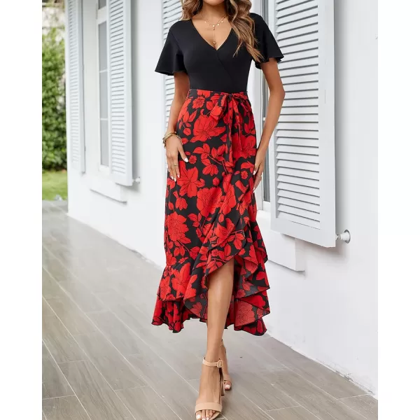 BTFBM Women Maxi Summer Dresses 2024 Short Sleeve V Neck Boho Floral Print Belted High Low Ruffle Cocktail Party DressBig Floral Black Red