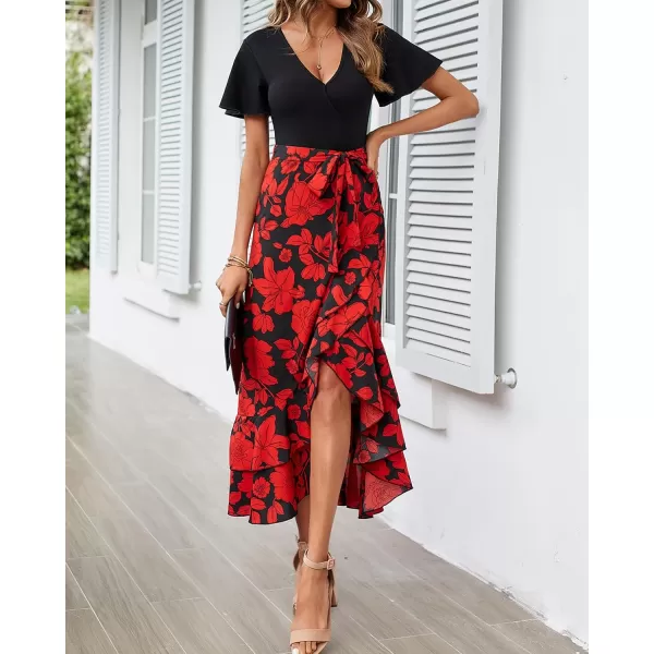 BTFBM Women Maxi Summer Dresses 2024 Short Sleeve V Neck Boho Floral Print Belted High Low Ruffle Cocktail Party DressBig Floral Black Red