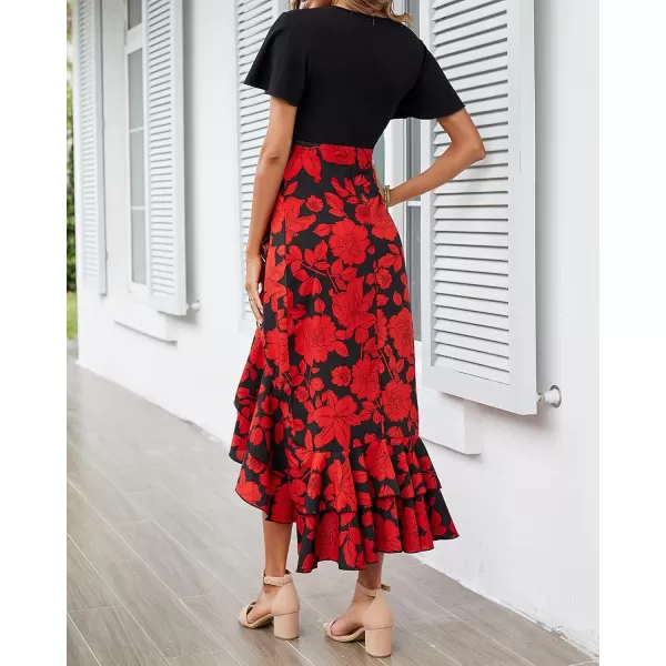BTFBM Women Maxi Summer Dresses 2024 Short Sleeve V Neck Boho Floral Print Belted High Low Ruffle Cocktail Party DressBig Floral Black Red