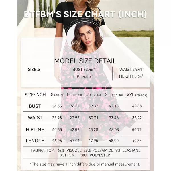 BTFBM Women Maxi Summer Dresses 2024 Short Sleeve V Neck Boho Floral Print Belted High Low Ruffle Cocktail Party DressBig Floral Black Rose Red