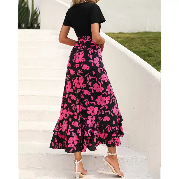 BTFBM Women Maxi Summer Dresses 2024 Short Sleeve V Neck Boho Floral Print Belted High Low Ruffle Cocktail Party DressBig Floral Black Rose Red