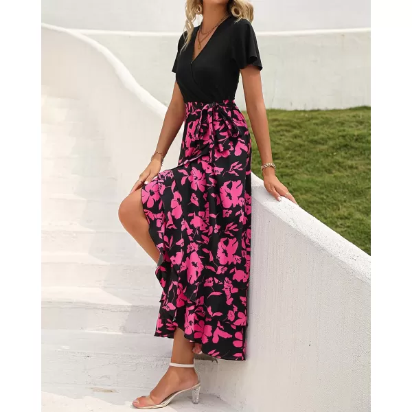 BTFBM Women Maxi Summer Dresses 2024 Short Sleeve V Neck Boho Floral Print Belted High Low Ruffle Cocktail Party DressBig Floral Black Rose Red