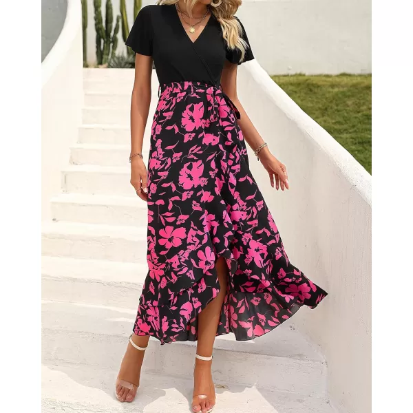 BTFBM Women Maxi Summer Dresses 2024 Short Sleeve V Neck Boho Floral Print Belted High Low Ruffle Cocktail Party DressBig Floral Black Rose Red
