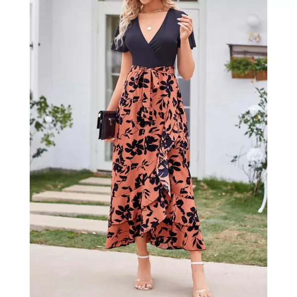 BTFBM Women Maxi Summer Dresses 2024 Short Sleeve V Neck Boho Floral Print Belted High Low Ruffle Cocktail Party DressBig Floral Brown