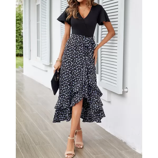 BTFBM Women Maxi Summer Dresses 2024 Short Sleeve V Neck Boho Floral Print Belted High Low Ruffle Cocktail Party DressFloral Black Blue