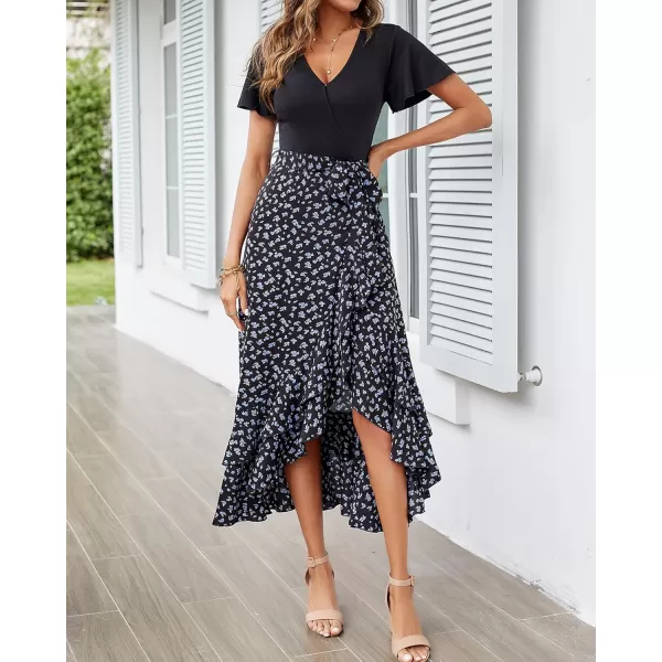 BTFBM Women Maxi Summer Dresses 2024 Short Sleeve V Neck Boho Floral Print Belted High Low Ruffle Cocktail Party DressFloral Black Blue