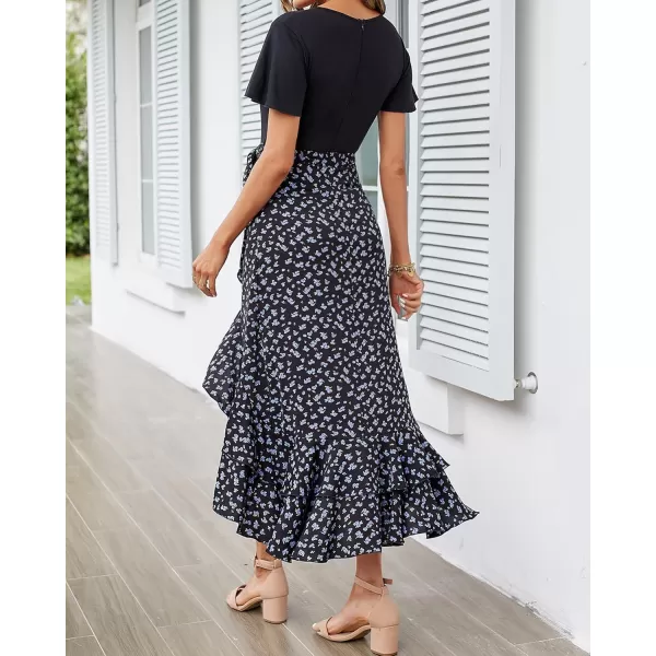 BTFBM Women Maxi Summer Dresses 2024 Short Sleeve V Neck Boho Floral Print Belted High Low Ruffle Cocktail Party DressFloral Black Blue