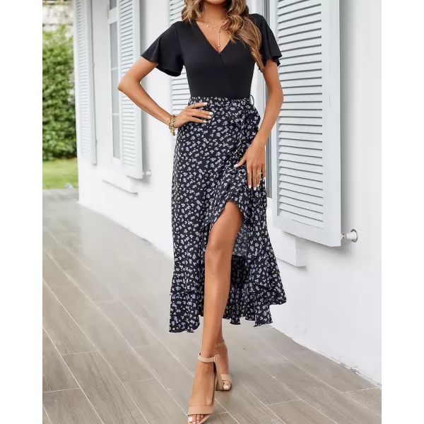 BTFBM Women Maxi Summer Dresses 2024 Short Sleeve V Neck Boho Floral Print Belted High Low Ruffle Cocktail Party DressFloral Black Blue