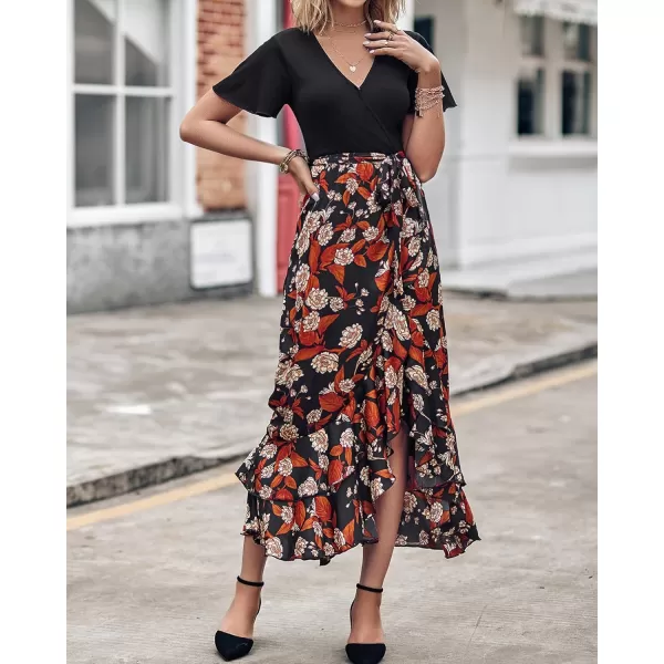 BTFBM Women Maxi Summer Dresses 2024 Short Sleeve V Neck Boho Floral Print Belted High Low Ruffle Cocktail Party DressFloral Black Brown