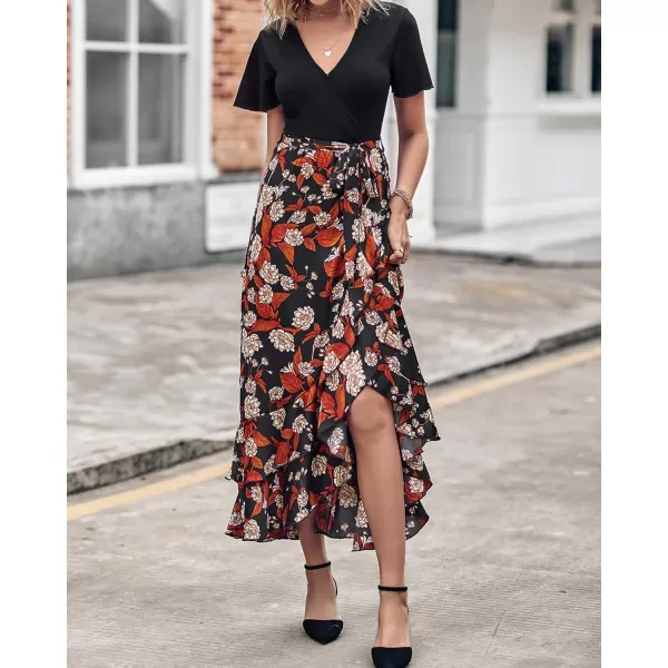 BTFBM Women Maxi Summer Dresses 2024 Short Sleeve V Neck Boho Floral Print Belted High Low Ruffle Cocktail Party DressFloral Black Brown