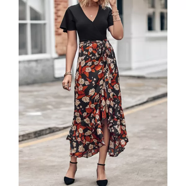 BTFBM Women Maxi Summer Dresses 2024 Short Sleeve V Neck Boho Floral Print Belted High Low Ruffle Cocktail Party DressFloral Black Brown