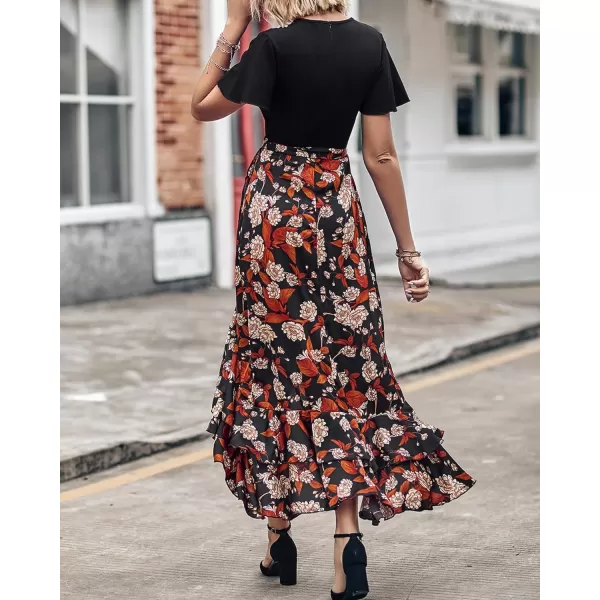 BTFBM Women Maxi Summer Dresses 2024 Short Sleeve V Neck Boho Floral Print Belted High Low Ruffle Cocktail Party DressFloral Black Brown