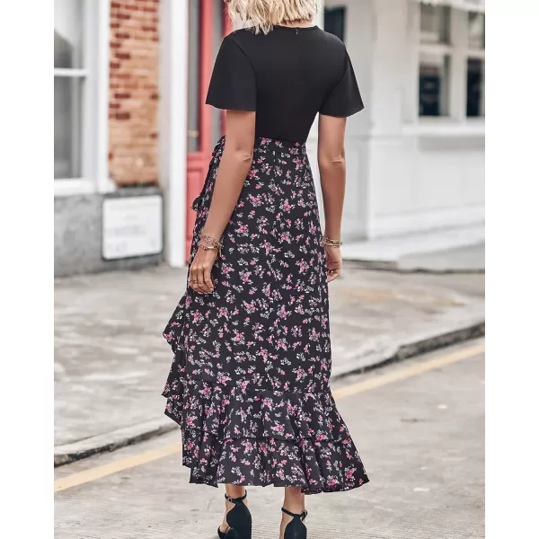 BTFBM Women Maxi Summer Dresses 2024 Short Sleeve V Neck Boho Floral Print Belted High Low Ruffle Cocktail Party DressFloral Black Red
