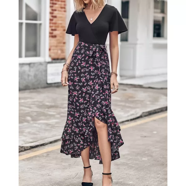 BTFBM Women Maxi Summer Dresses 2024 Short Sleeve V Neck Boho Floral Print Belted High Low Ruffle Cocktail Party DressFloral Black Red