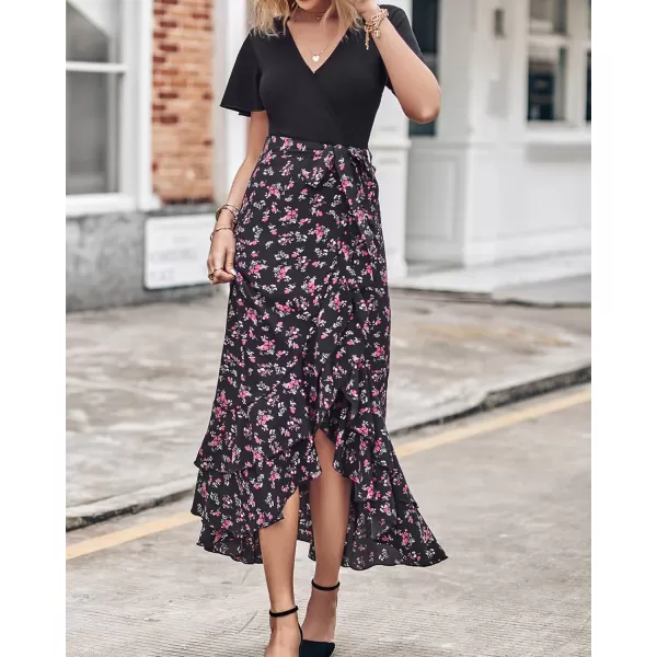 BTFBM Women Maxi Summer Dresses 2024 Short Sleeve V Neck Boho Floral Print Belted High Low Ruffle Cocktail Party DressFloral Black Red