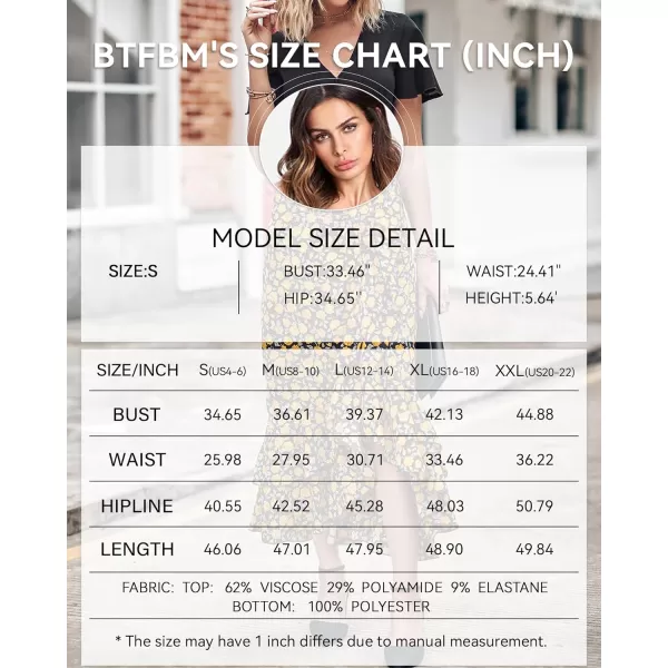 BTFBM Women Maxi Summer Dresses 2024 Short Sleeve V Neck Boho Floral Print Belted High Low Ruffle Cocktail Party DressFloral Black Yellow