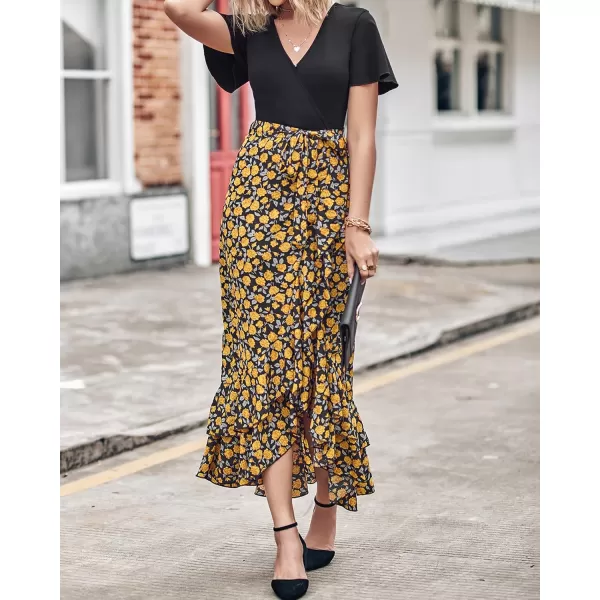 BTFBM Women Maxi Summer Dresses 2024 Short Sleeve V Neck Boho Floral Print Belted High Low Ruffle Cocktail Party DressFloral Black Yellow