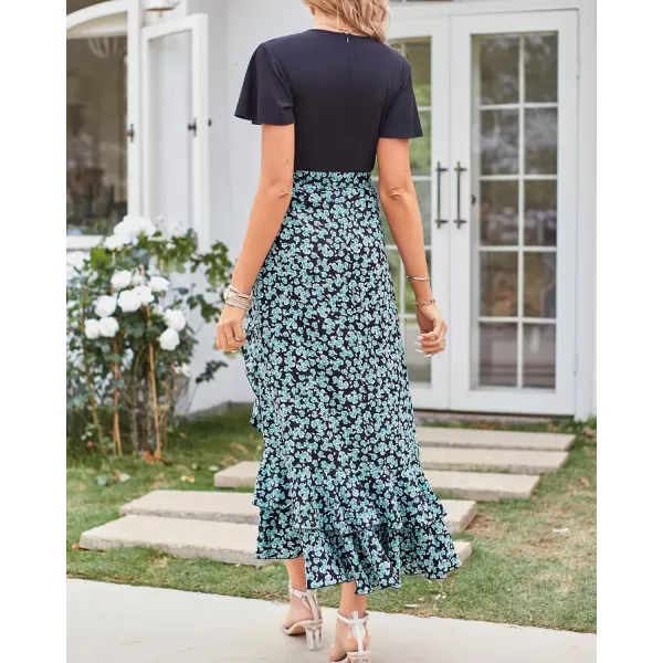 BTFBM Women Maxi Summer Dresses 2024 Short Sleeve V Neck Boho Floral Print Belted High Low Ruffle Cocktail Party DressFloral Blue Green