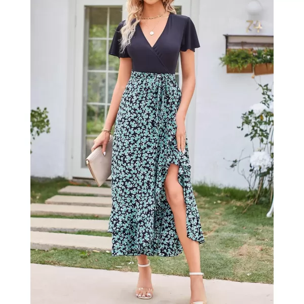 BTFBM Women Maxi Summer Dresses 2024 Short Sleeve V Neck Boho Floral Print Belted High Low Ruffle Cocktail Party DressFloral Blue Green