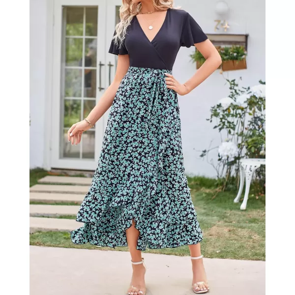 BTFBM Women Maxi Summer Dresses 2024 Short Sleeve V Neck Boho Floral Print Belted High Low Ruffle Cocktail Party DressFloral Blue Green