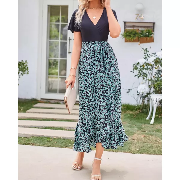 BTFBM Women Maxi Summer Dresses 2024 Short Sleeve V Neck Boho Floral Print Belted High Low Ruffle Cocktail Party DressFloral Blue Green