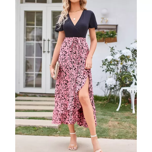 BTFBM Women Maxi Summer Dresses 2024 Short Sleeve V Neck Boho Floral Print Belted High Low Ruffle Cocktail Party DressFloral Pink Black