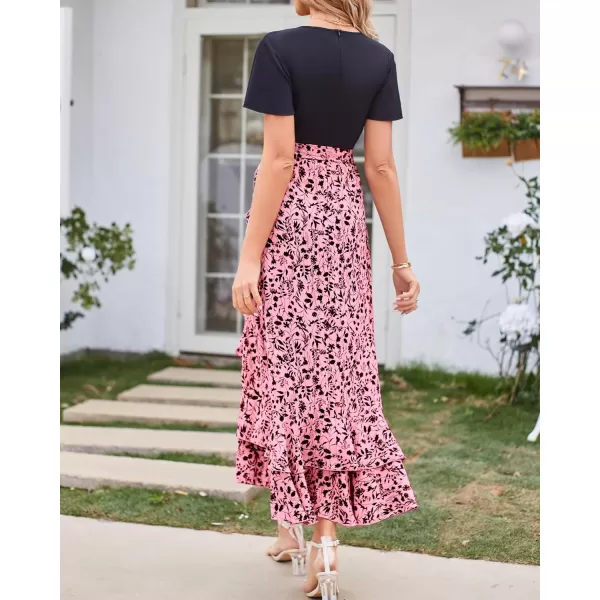 BTFBM Women Maxi Summer Dresses 2024 Short Sleeve V Neck Boho Floral Print Belted High Low Ruffle Cocktail Party DressFloral Pink Black
