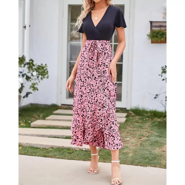 BTFBM Women Maxi Summer Dresses 2024 Short Sleeve V Neck Boho Floral Print Belted High Low Ruffle Cocktail Party DressFloral Pink Black