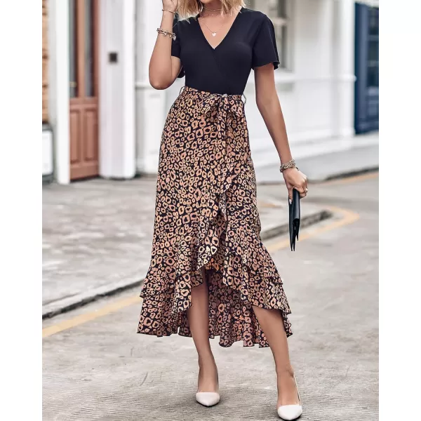 BTFBM Women Maxi Summer Dresses 2024 Short Sleeve V Neck Boho Floral Print Belted High Low Ruffle Cocktail Party DressLeopard Black Brown