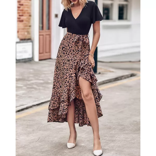 BTFBM Women Maxi Summer Dresses 2024 Short Sleeve V Neck Boho Floral Print Belted High Low Ruffle Cocktail Party DressLeopard Black Brown