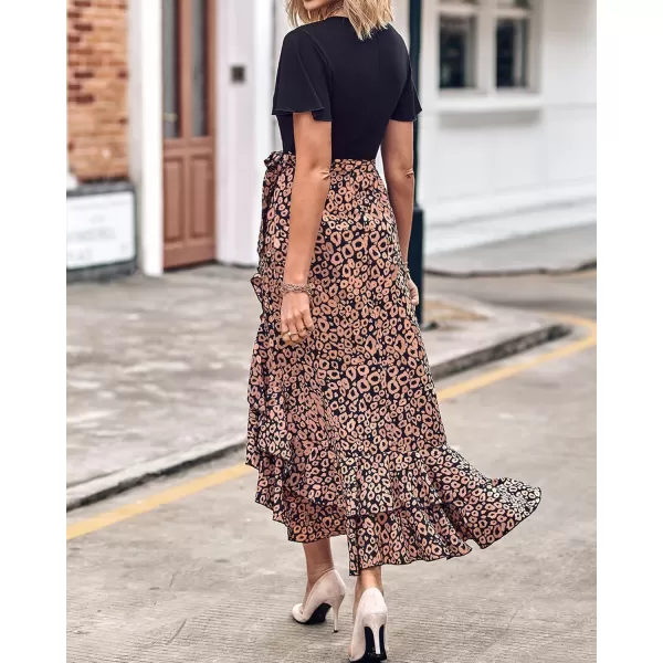 BTFBM Women Maxi Summer Dresses 2024 Short Sleeve V Neck Boho Floral Print Belted High Low Ruffle Cocktail Party DressLeopard Black Brown