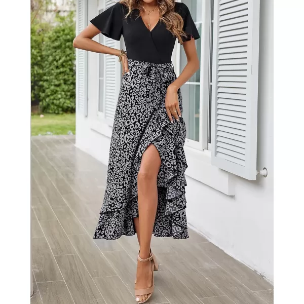 BTFBM Women Maxi Summer Dresses 2024 Short Sleeve V Neck Boho Floral Print Belted High Low Ruffle Cocktail Party DressLeopard Black Grey