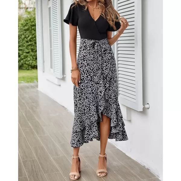 BTFBM Women Maxi Summer Dresses 2024 Short Sleeve V Neck Boho Floral Print Belted High Low Ruffle Cocktail Party DressLeopard Black Grey