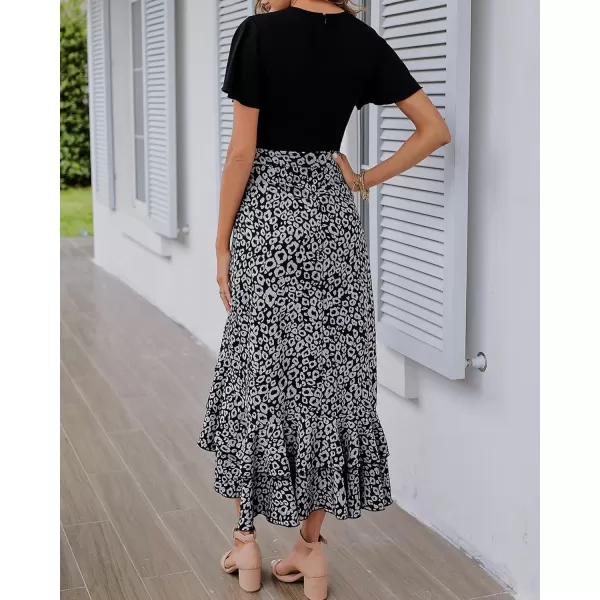 BTFBM Women Maxi Summer Dresses 2024 Short Sleeve V Neck Boho Floral Print Belted High Low Ruffle Cocktail Party DressLeopard Black Grey
