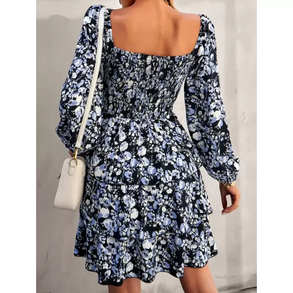 BTFBM Women Square Neck Smocked Dresses 2024 Summer Fall Long Sleeve Floral Swiss Dot Ruffle Party Mini Boho DressFloral Black White