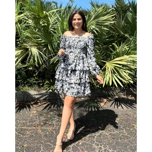 BTFBM Women Square Neck Smocked Dresses 2024 Summer Fall Long Sleeve Floral Swiss Dot Ruffle Party Mini Boho DressFloral Black White