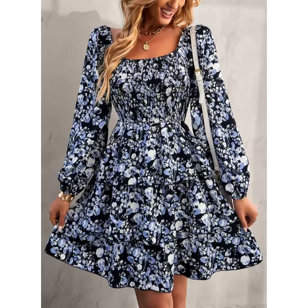 BTFBM Women Square Neck Smocked Dresses 2024 Summer Fall Long Sleeve Floral Swiss Dot Ruffle Party Mini Boho DressFloral Black White