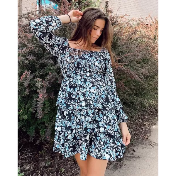 BTFBM Women Square Neck Smocked Dresses 2024 Summer Fall Long Sleeve Floral Swiss Dot Ruffle Party Mini Boho DressFloral Black White