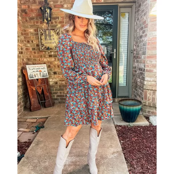 BTFBM Women Square Neck Smocked Dresses 2024 Summer Fall Long Sleeve Floral Swiss Dot Ruffle Party Mini Boho DressFloral Blue Orange