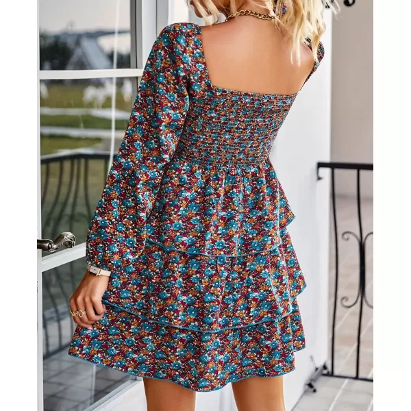 BTFBM Women Square Neck Smocked Dresses 2024 Summer Fall Long Sleeve Floral Swiss Dot Ruffle Party Mini Boho DressFloral Blue Orange