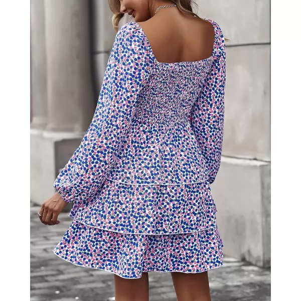 BTFBM Women Square Neck Smocked Dresses 2024 Summer Fall Long Sleeve Floral Swiss Dot Ruffle Party Mini Boho DressFloral Blue Pink