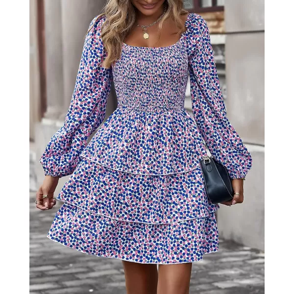 BTFBM Women Square Neck Smocked Dresses 2024 Summer Fall Long Sleeve Floral Swiss Dot Ruffle Party Mini Boho DressFloral Blue Pink