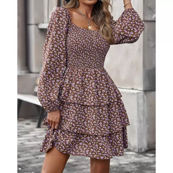 BTFBM Women Square Neck Smocked Dresses 2024 Summer Fall Long Sleeve Floral Swiss Dot Ruffle Party Mini Boho DressFloral Brown